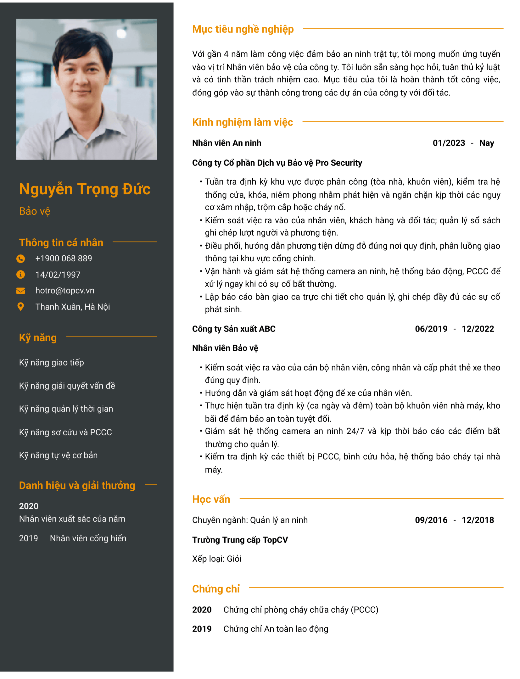 Mẫu CV Bảo vệ đơn giản
